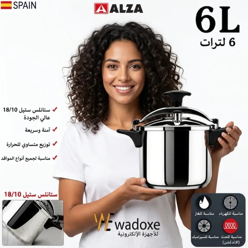 طنجرة ضغط ALZA سعة 6 لتر (إنوكس) 18/10 | نظام أمان ثلاثي