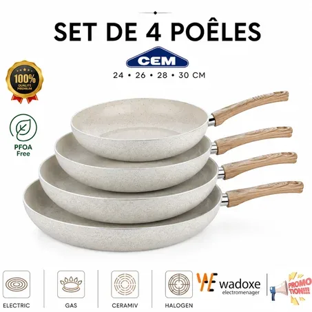 Set 4 poêles céramique antiadhésives 24, 26, 28 et 30 cm - CEM